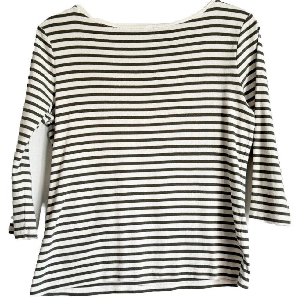 Talbots Womens Tee Ivory Olive Green Striped Top Women’s Large 3/4 Sleeves